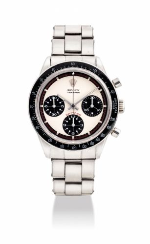 ROLEX. A FINE, VERY RARE AND VERY ATTRACTIVE STAINLESS STEEL CHRONOGRAPH WRISTWATCH WITH BRACELET AND PAUL NEWMAN DIAL