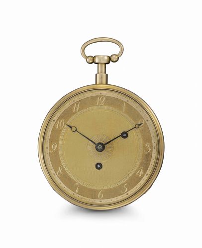 Henry-Daniel Capt. An Exceptionally Rare 18k Gold and Enamel Keywound Openface Two-Train Musical Repeating Pocket Watch with Concealed Erotic D’amour Automaton