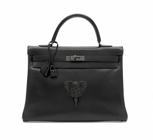A LIMITED EDITION BLACK CALF BOX LEATHER RETOURNÉ SO BLACK KELLY 35 WITH BLACK HARDWARE AFTER-MARKET ELEPHANT EMBELLISHMENT