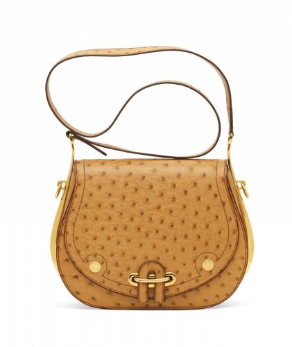 A COGNAC OSTRICH PASSE GUIDE WITH GOLD HARDWARE
