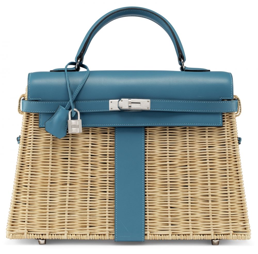 A RARE, TURQUOISE SWIFT LEATHER OSIER PICNIC KELLY WITH PALLADIUM HARDWARE HERMÈS, 2013