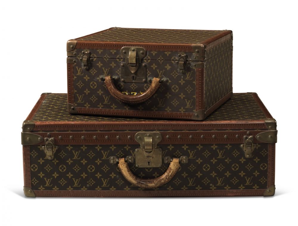 A SET OF TWO CLASSIC MONOGRAM CANVAS COTTEVILLE 45 AND ALZER 65 TRUNKS WITH BRASS HARDWARE LOUIS VUITTON, CIRCA 1980