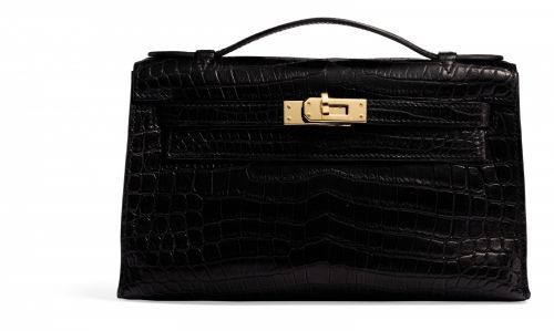 A MATTE BLACK NILOTICUS CROCODILE KELLY POCHETTE WITH GOLD HARDWARE