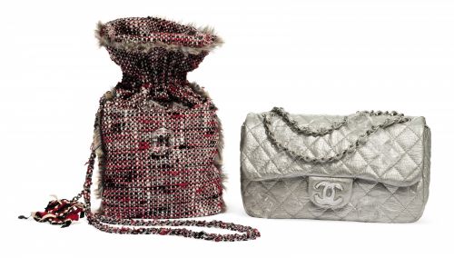 A SET OF THREE:A METALLIC SILVER LAMBSKIN LEATHER SINGLE FLAP BAG WITH ICE CUBE EMBELLISHMENT CRYSTAL SILVER HARDWAREA RED TWEED ICE CUBE ADORNED HOT WATER BOTTLE HOLDERA SILVER CRYSTAL ICE CUBE LONG NECKLACE