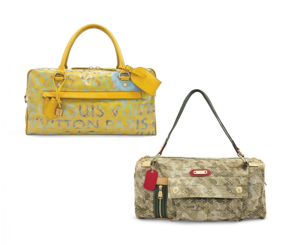 A SET OF TWO: A DENIM MONOGRAMOUFLAGE JASMIN AND A PULP JAUNE CALFSKIN BLUE COATED DENIM DEFILÉ PM BY RICHARD PRINCE
