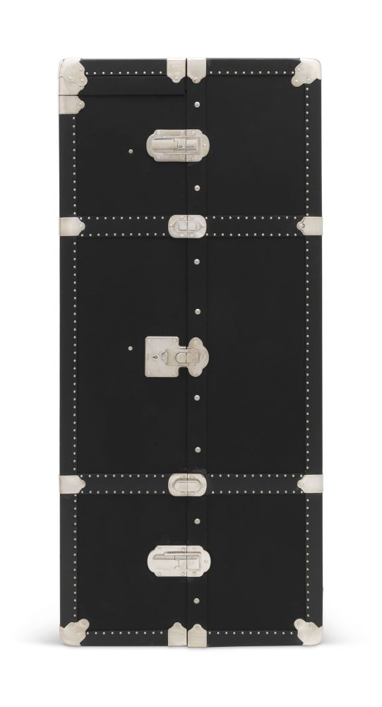 A BLACK VITELLO LEATHER NYLON WARDROBE TRUNK WITH SILVER HARDWARE