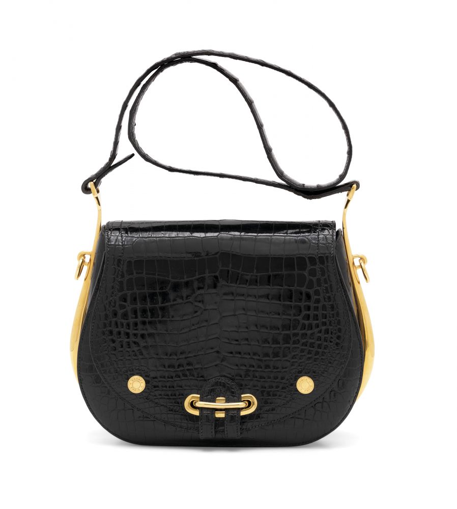 A SHINY BLACK POROSUS CROCODILE PASSE-GUIDE WITH GOLD HARDWARE