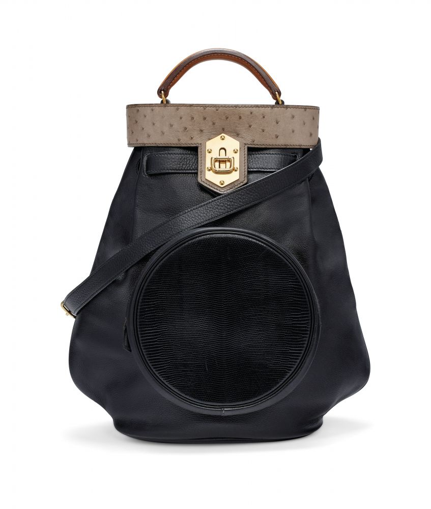 A BLACK CALF BOX LEATHER, GRIS TOURTERELLE OSTRICH, SHINY BLACK SALVATOR LIZARD VACHE NATURELLE SUMAC WITH GOLD HARDWARE