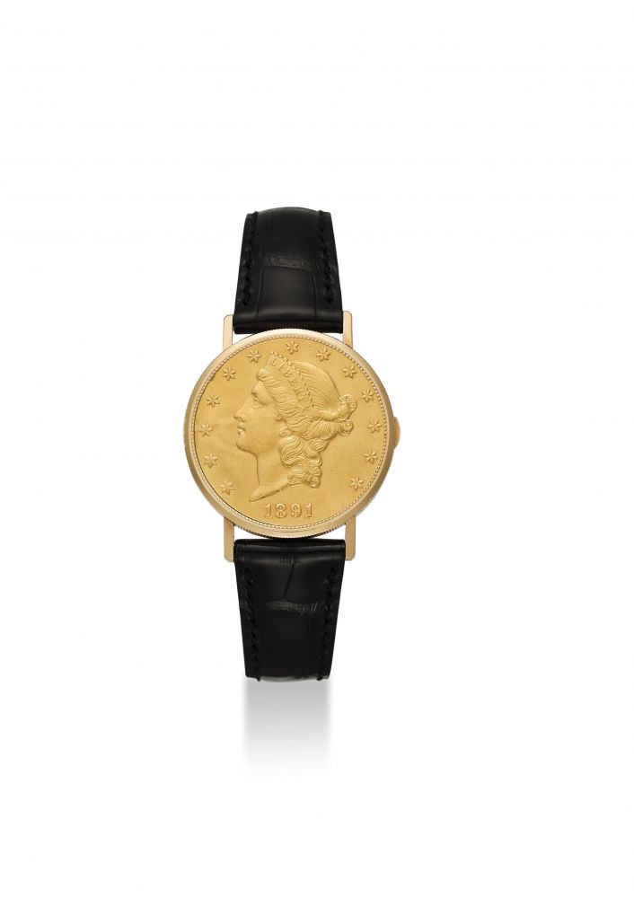 VACHERON CONSTANTIN. A FINE AND RARE 18K GOLD 20 US DOLLAR COIN WRISTWATCH