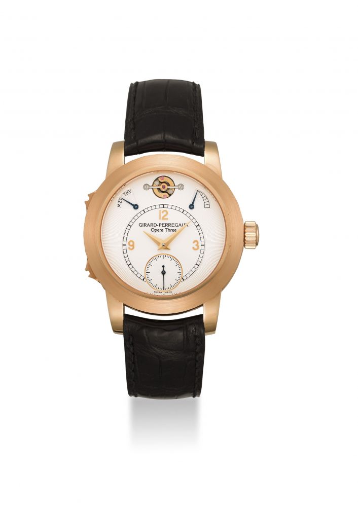 GIRARD PERREGAUX. AN EXTREMELY FINE AND VERY RARE 18K PINK GOLD MUSICAL WRISTWATCH WITH CHOICE OF MUSIC BY MOZART OR TCHAIKOVSKY, ORIGINAL CERTIFICATE AND BOX