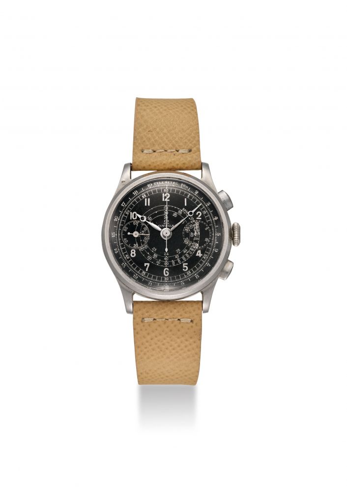 OMEGA. A RARE, LARGE AND ATTRACTIVE STAINLESS STEEL MANUAL WIND CHRONOGRAPH WRISTWATCH WITH BLACK MULTI-SCALE DIAL
