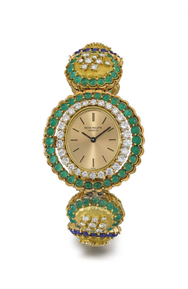 PATEK PHILIPPE. A VERY FINE AND ATTRACTIVE, POSSIBLY UNIQUE 18K GOLD, DIAMOND, LAPIS LAZULI AND CHRYSOPRASE-SET BRACELET WATCH