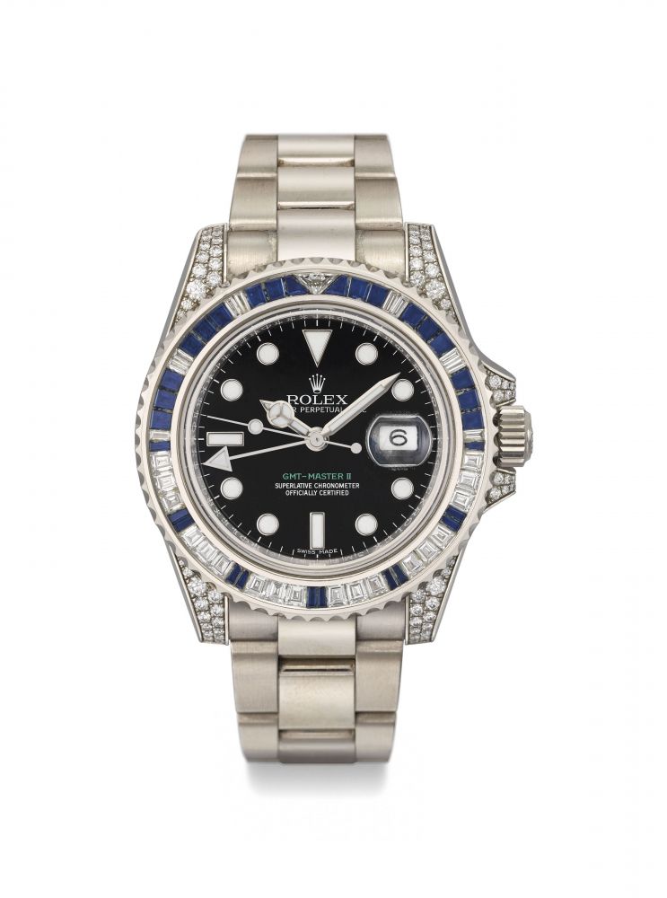 ROLEX. A VERY FINE, RARE AND IMPRESSIVE 18K WHITE GOLD, DIAMOND AND SAPPHIRE-SET AUTOMATIC DUAL TIME WRISTWATCH WITH SWEEP CENTRE SECONDS, DATE, BRACELET AND BOX