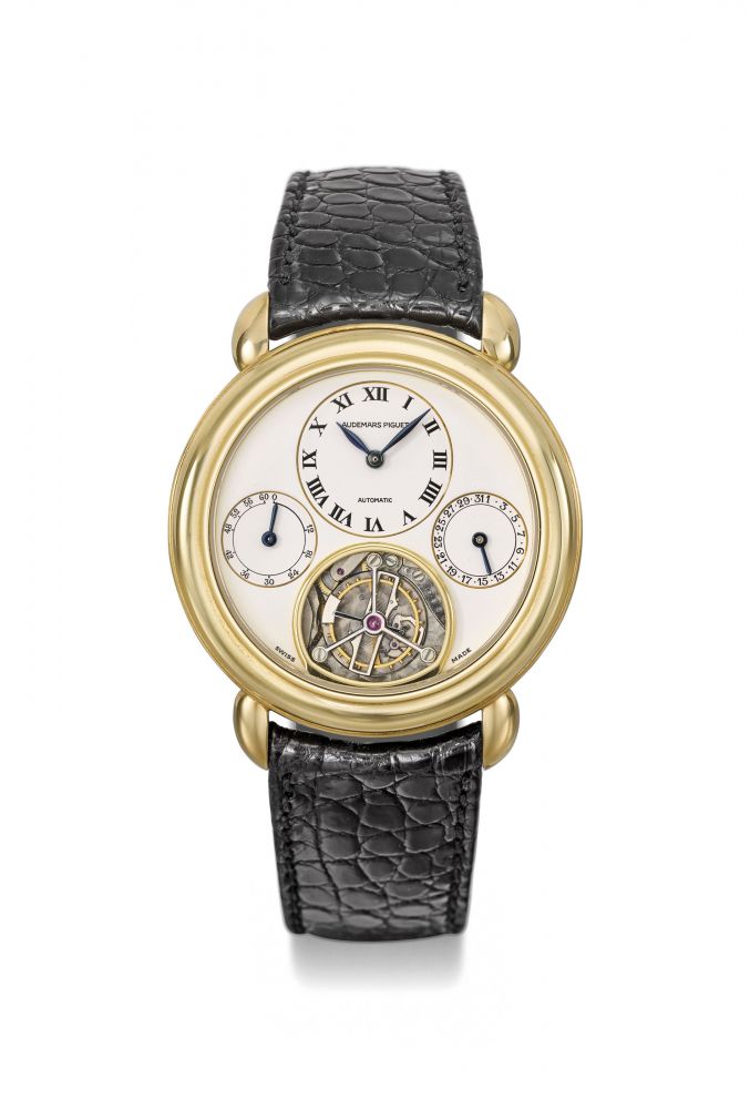 AUDEMARS PIGUET. A FINE AND RARE 18K GOLD AUTOMATIC TOURBILLON WRISTWATCH WITH POWER RESERVE AND DATE