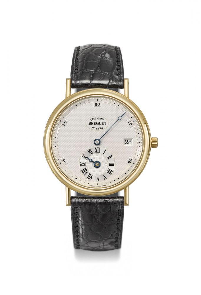 BREGUET. A FINE 18K GOLD LIMITED EDITION AUTOMATIC WRISTWATCH WITH DATE AND REGULATOR-TYPE DIAL, MADE TO COMMEMORATE THE 250TH ANNIVERSARY OF THE BIRTH OF ABRAHAM LOUIS BREGUET IN 1747