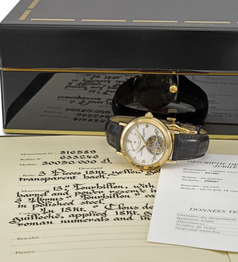 Vacheron Constantin. A very fine and rare 18K gold twin barrel tourbillon wristwatch with power reserve, Certificate of Origin and box