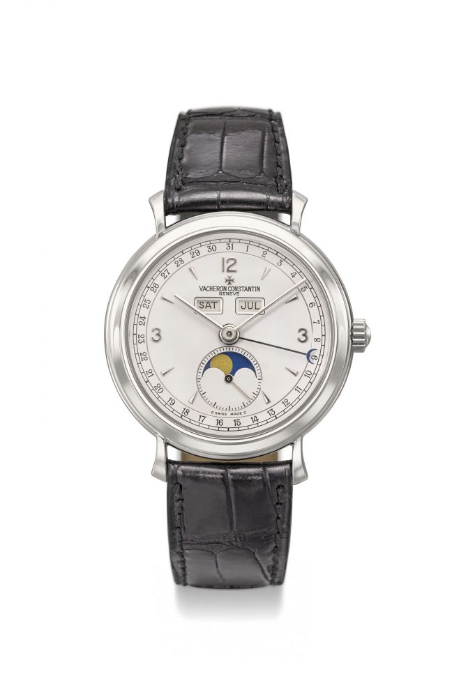 VACHERON CONSTANTIN. A FINE AND RARE PLATINUM TRIPLE CALENDAR WRISTWATCH WITH MOON PHASES