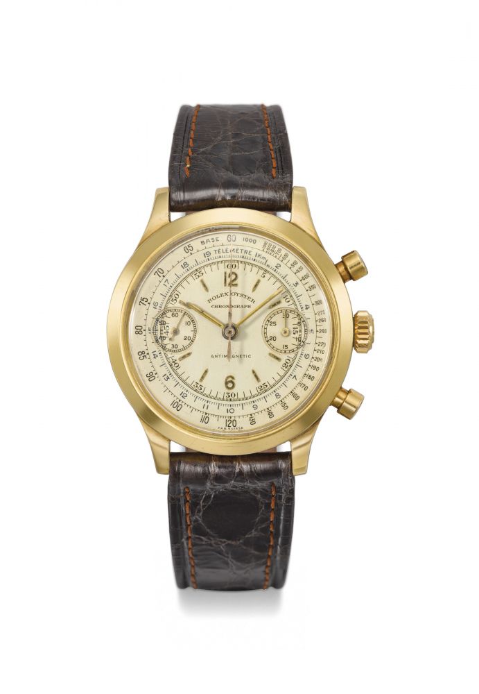 ROLEX. A FINE, RARE AND EARLY 18K GOLD CHRONOGRAPH WRISTWATCH