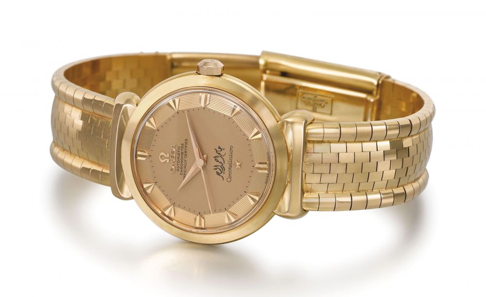 OMEGA. A RARE 18K PINK GOLD AUTOMATIC WRISTWATCH WITH SWEEP CENTRE SECONDS, BRACELET AND JASSIM MOHAMED AL-BAHAR SIGNATURE