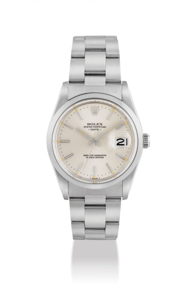 ROLEX. A STAINLESS STEEL AUTOMATIC WRISTWATCH WITH SWEEP CENTRE SECONDS, DATE AND BRACELET