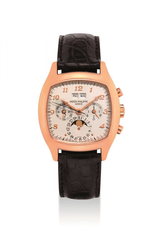 PATEK PHILIPPE. A VERY FINE AND RARE 18K PINK GOLD CUSHION-SHAPED PERPETUAL CALENDAR CHRONOGRAPH WRISTWATCH WITH MOON PHASES, 24 HOUR AND LEAP YEAR INDICATION