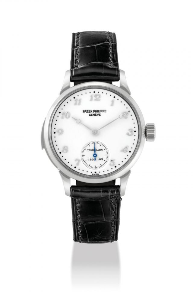 PATEK PHILIPPE. AN EXTREMELY FINE AND RARE PLATINUM MINUTE REPEATING TOURBILLON WRISTWATCH WITH ENAMEL DIAL AND BREGUET NUMERALS
