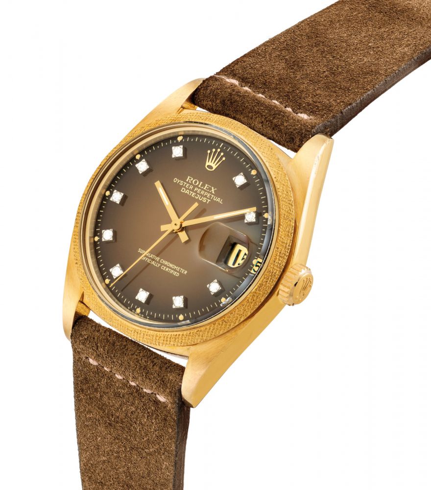ROLEX. A FINE AND RARE 18K GOLD AND DIAMOND-SET AUTOMATIC WRISTWATCH WITH SWEEP CENTRE SECONDS, DATE, AND DEGRADÉ DIAL