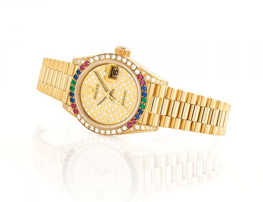 ROLEX. A LADY'S FINE AND RARE 18K GOLD AND GEM-SET AUTOMATIC WRISTWATCH WITH SWEEP CENTRE SECONDS, DATE AND BRACELET