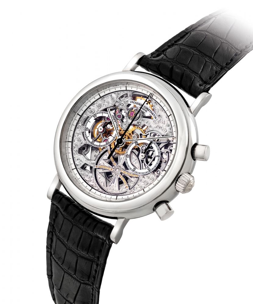 VACHERON CONSTANTIN. A FINE AND RARE PLATINUM SKELETONISED CHRONOGRAPH WRISTWATCH