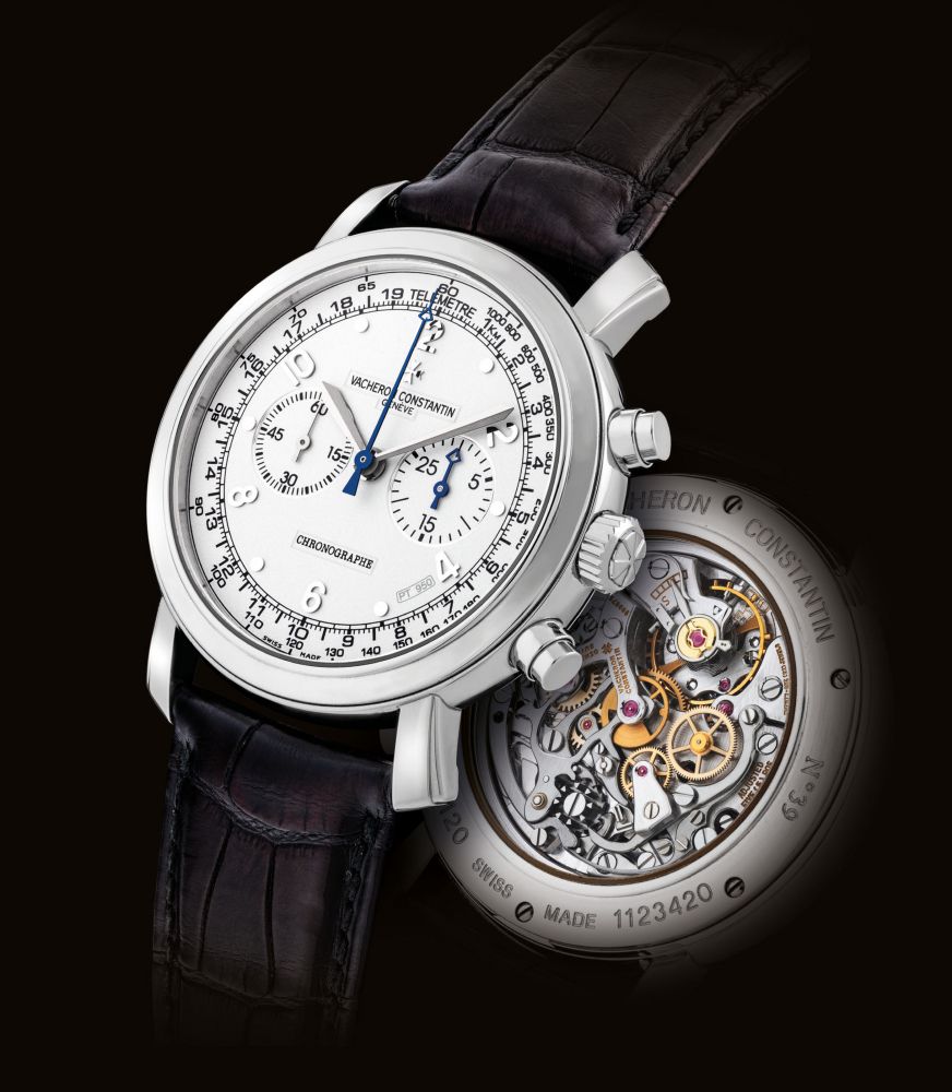 VACHERON CONSTANTIN. A FINE AND RARE PLATINUM CHRONOGRAPH WRISTWATCH WITH TELEMETER, TACHOMETER SCALE AND PLATINUM DIAL