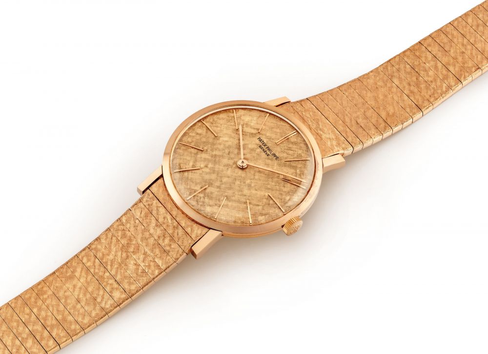 PATEK PHILIPPE. A FINE AND RARE 18K PINK GOLD WRISTWATCH WITH BRACELET