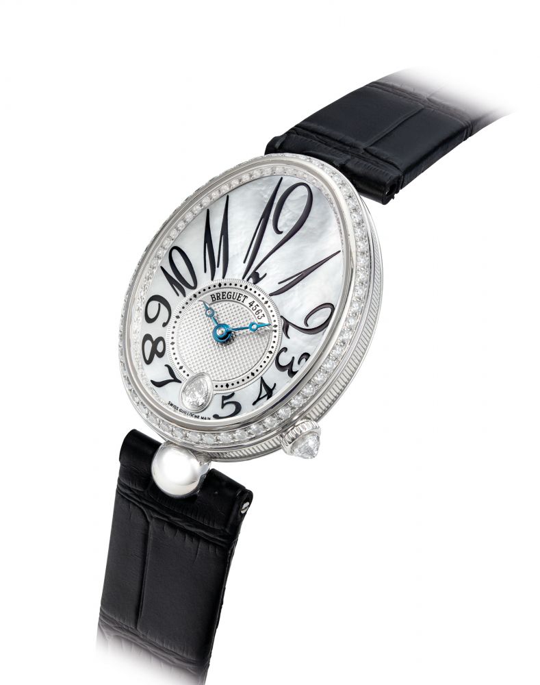 BREGUET. A LADY'S FINE 18K WHITE GOLD AND DIAMOND-SET AUTOMATIC OVOID-SHAPED WRISTWATCH WITH MOTHER-OF-PEARL DIAL