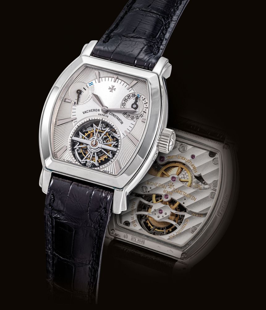 VACHERON CONSTANTIN. A FINE AND RARE PLATINUM TONNEAU-SHAPED TOURBILLON WRISTWATCH WITH DATE AND POWER RESERVE