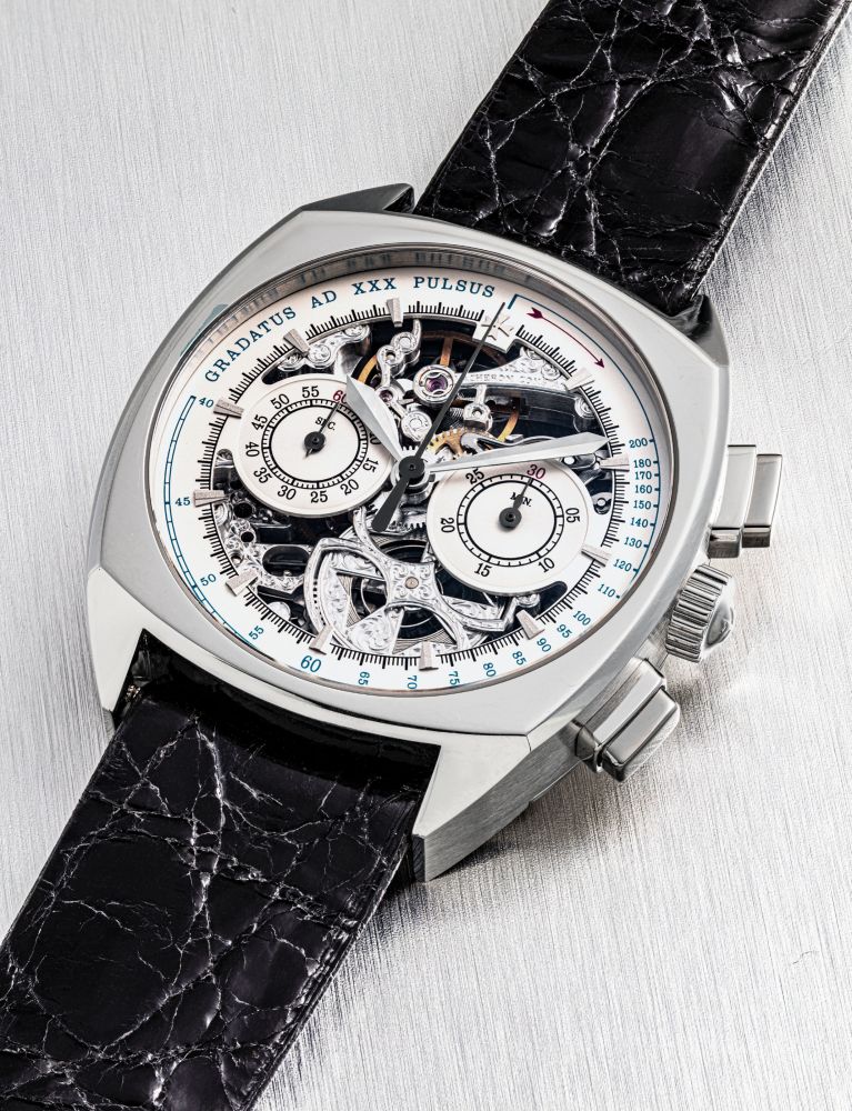VACHERON CONSTANTIN. A FINE AND VERY RARE PLATINUM LIMITED EDITION SKELETONISED CUSHION-SHAPED CHRONOGRAPH WRISTWATCH WITH PULSATION DIAL