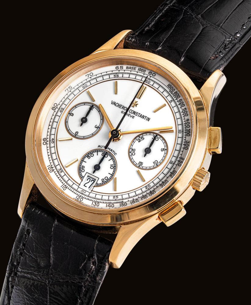 VACHERON CONSTANTIN. A FINE 18K GOLD AUTOMATIC CHRONOGRAPH WRISTWATCH WITH DATE