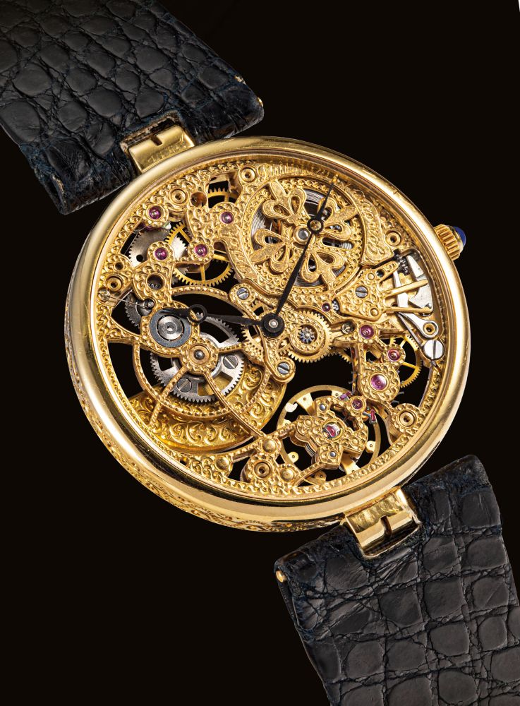 PATEK PHILIPPE. A FINE AND RARE 18K GOLD SKELETONISED AUTOMATIC WRISTWATCH