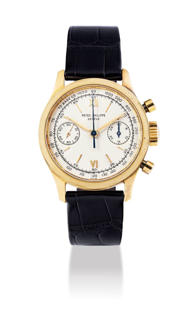 PATEK PHILIPPE. A VERY FINE AND EXCEPTIONALLY RARE 18K GOLD CHRONOGRAPH WRISTWATCH