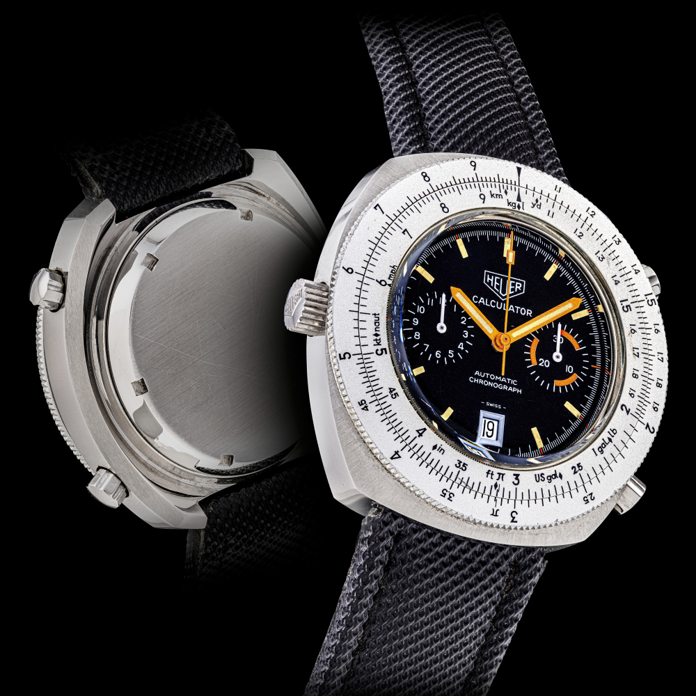 HEUER, CALCULATOR, STEEL CHRONOGRAPH WITH DATE -