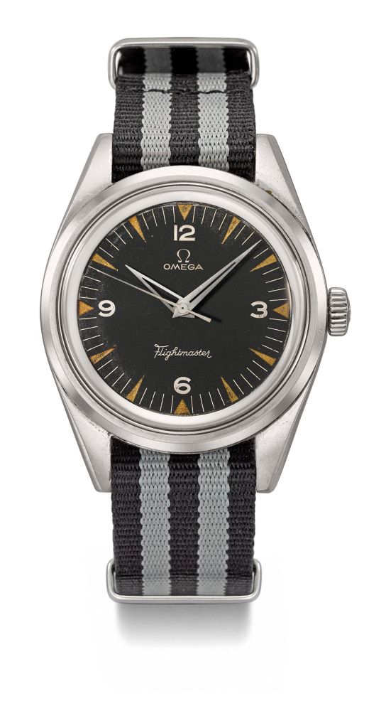 Omega. A very fine stainless steel ‘Staybrite’ wristwatch with sweep centre seconds and antimagnetic soft iron inner casing, made for the Peruvian Air Force