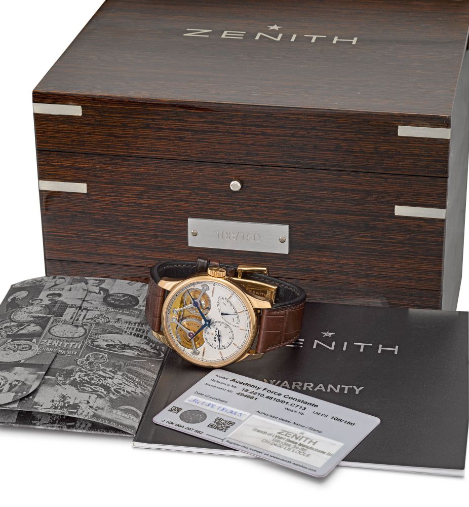 Zenith. A rare 18K pink gold limited edition wristwatch with costant force chain fusée, power reserve, original warranty and box