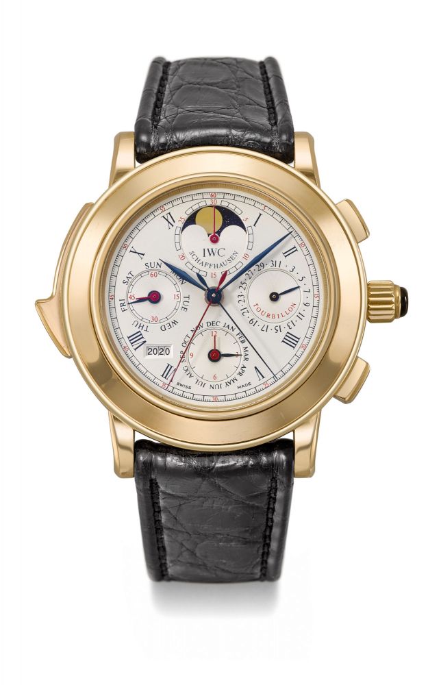 IWC. An extremely fine and rare 18K gold limited edition minute repeating perpetual calendar split seconds chronograph tourbillon wristwatch with moon phases