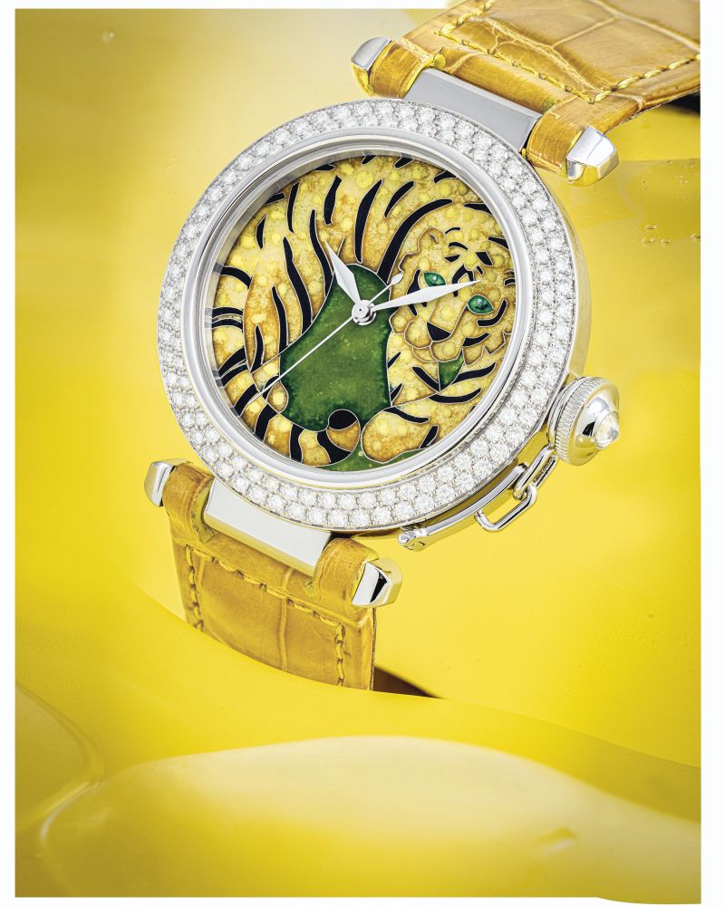 CARTIER. AN EXTREMELY RARE 18K WHITE GOLD AND DIAMOND-SET LIMITED EDITION AUTOMATIC WRISTWATCH WITH SWEEP CENTRE SECONDS AND CLOISONNÉ ENAMEL DIAL
