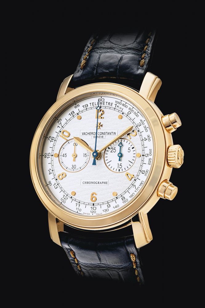 VACHERON CONSTANTIN. A FINE 18K PINK GOLD CHRONOGRAPH WRISTWATCH WITH TELEMETER AND TACHOMETER SCALE