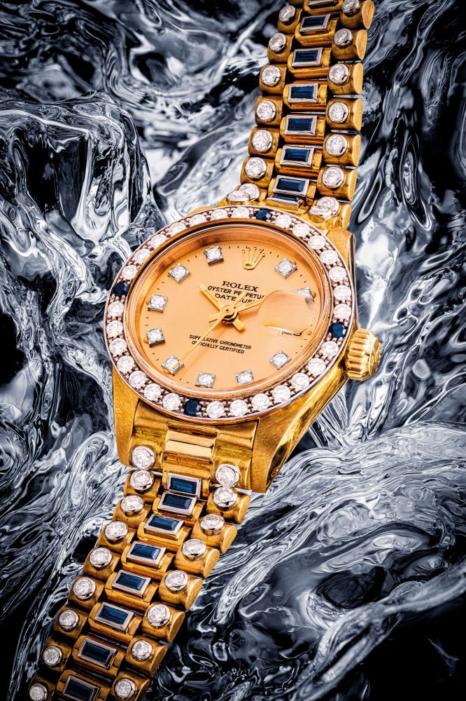 ROLEX. AN IMPRESSIVE AND VERY RARE LADY’S 18K GOLD, DIAMOND AND SAPPHIRE-SET AUTOMATIC WRISTWATCH WITH SWEEP CENTRE SECONDS, DATE AND BRACELET