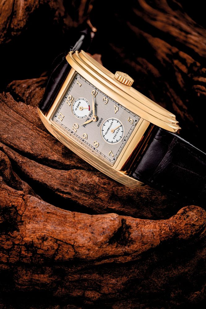 PATEK PHILIPPE. A RARE 18K PINK GOLD RECTANGULAR TOURBILLON WRISTWATCH WITH 10 DAY POWER RESERVE