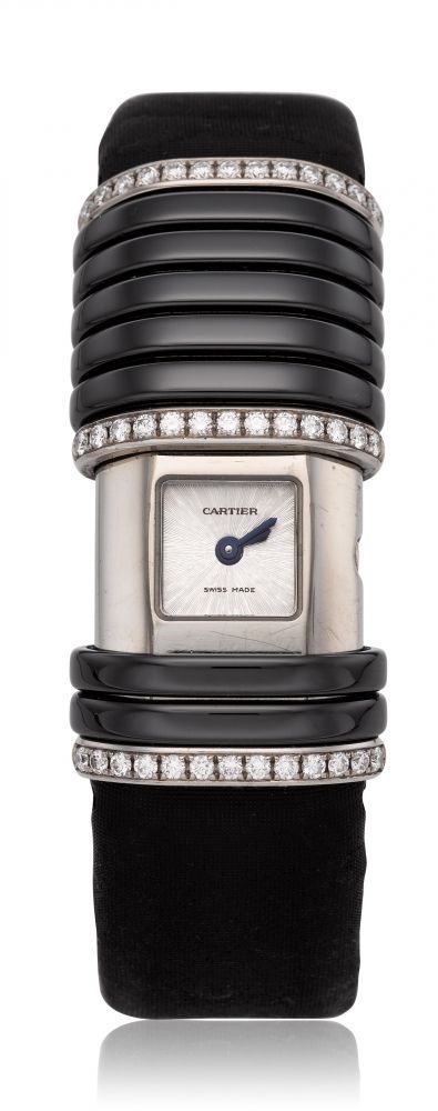 CARTIER, DECLARATION, 18K WHITE GOLD, TITANIUM DIAMONDS LADIES’ CONCEALED DIAL WRISTWATCH, REF. 2611 -
