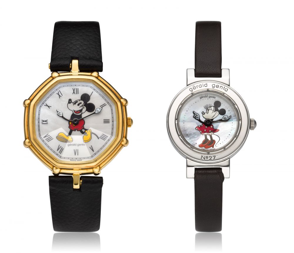 GERALD GENTA. A SET OF TWO MICKEY MINNIE MOUSE WRISTWATCHES WITH MOTHER-OF-PEARL DIAL -