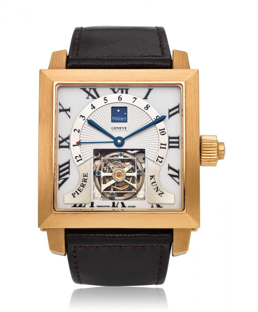 PIERRE KUNZ, A 18K GOLD TOURBILLON, RETROGRADE DUAL TIME WRISTWATCH WITH MOON PHASES, NO. 00 -