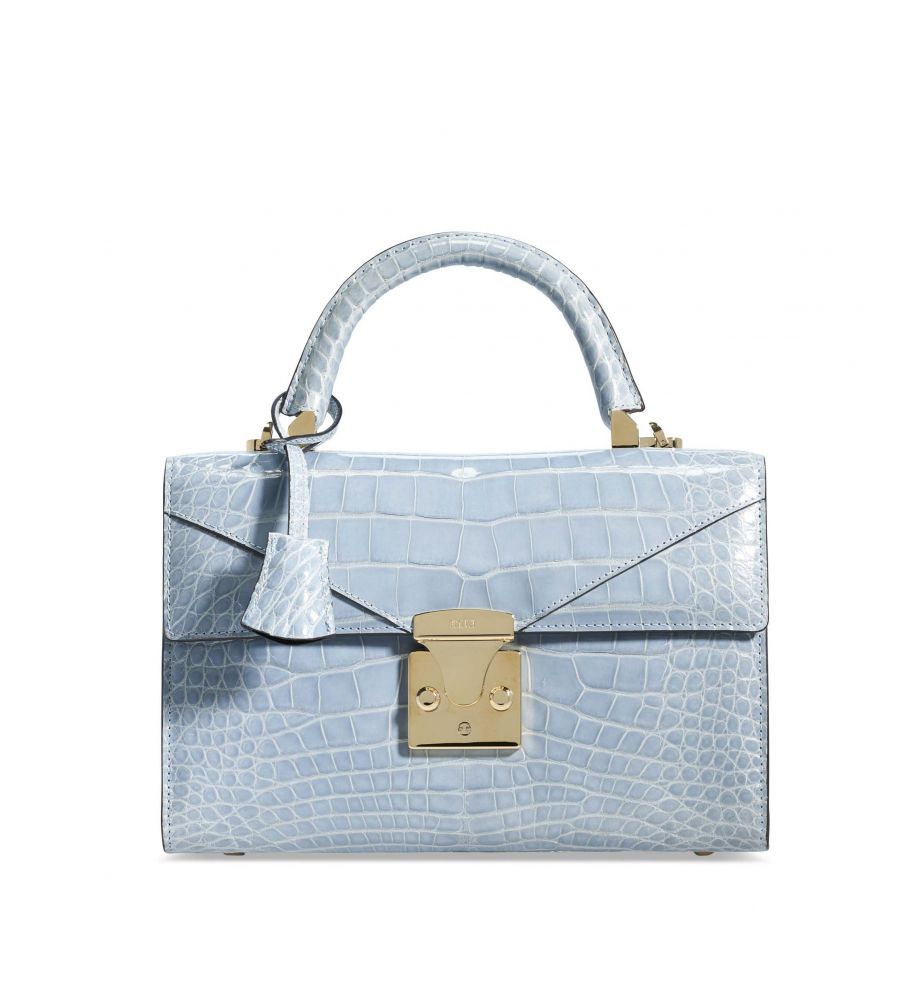 A SHINY ROBIN EGG BLUE CROCODILE TOP HANDLE MEDIUM 2.5 WITH GOLD HARDWARE - STALVEY, 2019