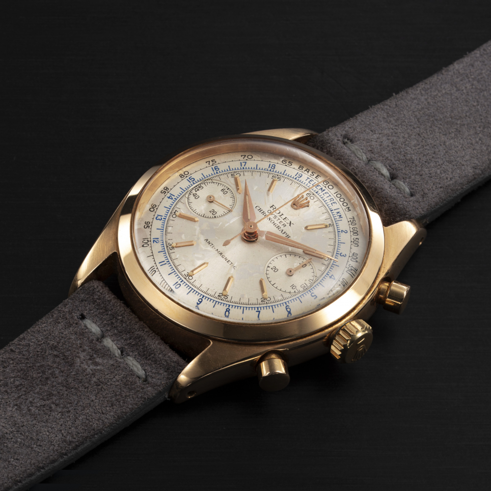ROLEX, REF. 6232 OYSTER CHRONOGRAPH ANTIMAGNETIC, A RARE PINK GOLD MANUAL-WINDING CHRONOGRAPH - CASE